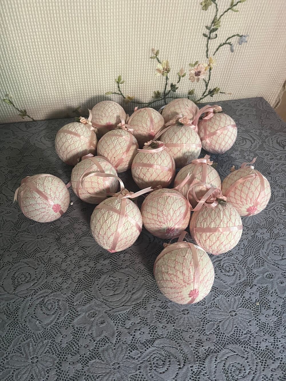 Vintage Handmade Pink Satin Thread Wrapped Ball Christmas Ornaments Lot Shabby